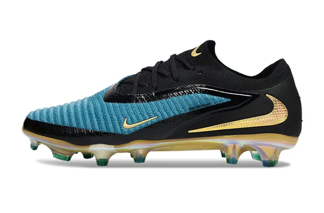 Nike Phantom GT Parte superior em malha preta azul iridescente Sola iridescente Campo firme Sapatos de futebol 7
