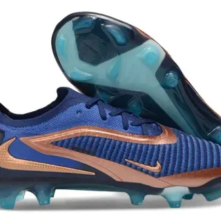 Nike Phantom GT Azul Dourado Tricô Ribeteado Superior Overlays Metálicos Cobre Sapatos de Futebol Firm Ground