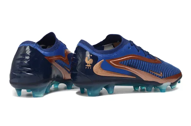 Nike Phantom GT أزرق ذهبي نسيج مطري أعلى طلاءات معدنية نحاسية أرضية صلبة أحذية كرة قدم 5