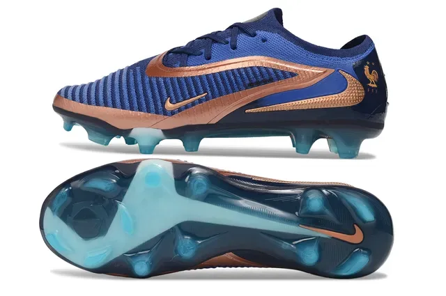 Nike Phantom GT أزرق ذهبي نسيج مطري أعلى طلاءات معدنية نحاسية أرضية صلبة أحذية كرة قدم 6