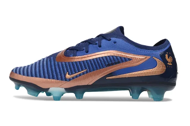 Nike Phantom GT أزرق ذهبي نسيج مطري أعلى طلاءات معدنية نحاسية أرضية صلبة أحذية كرة قدم 7