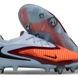 Nike Phantom GT bleu orange bas dessus en tricot asymétrique bande marron sol ferme chaussures de football