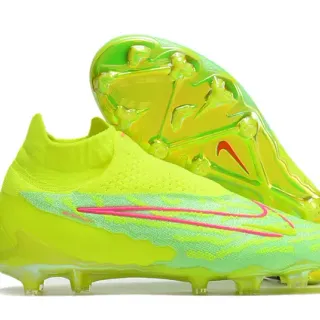 Nike Phantom GT Yellow Pink Sock-Fit Knit Upper Asymmetric Lacingless Collar Firm-Ground Soccer Shoes