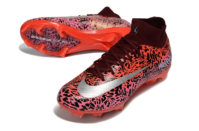 Nike Rouge Rose Collet Haut Ajusté Imprimé Animalier Abstrait Tige Semelles Firmes Chaussures de Football 3