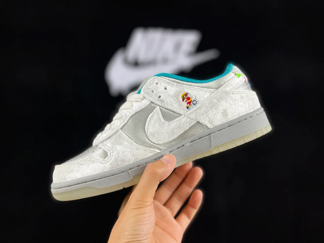 Nike SB Dunk Low Silver Satin Embroidered Character Skateboard Shoes 4