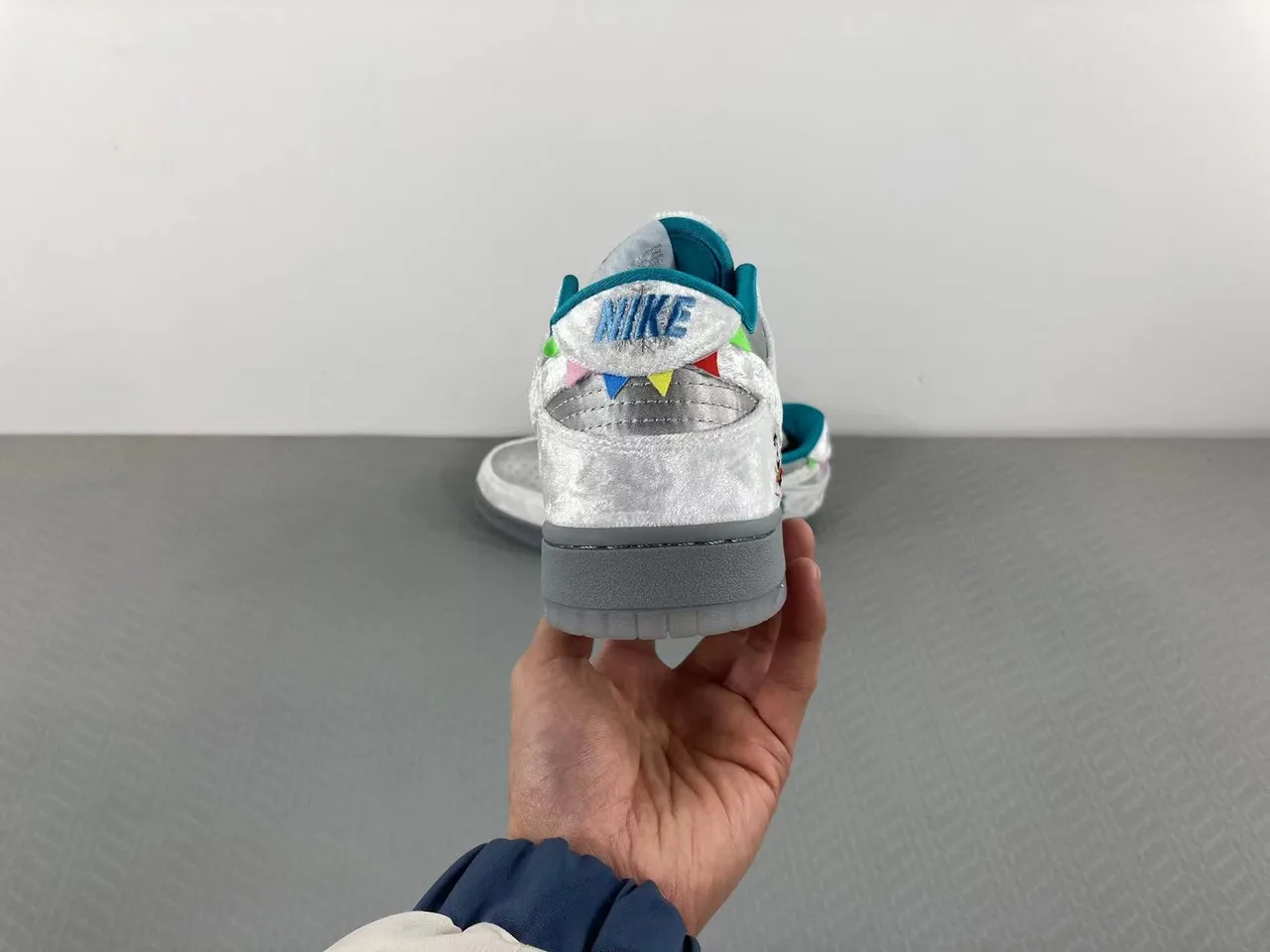 Nike SB Dunk Low Silver Satin Embroidered Character Skateboard Shoes 14