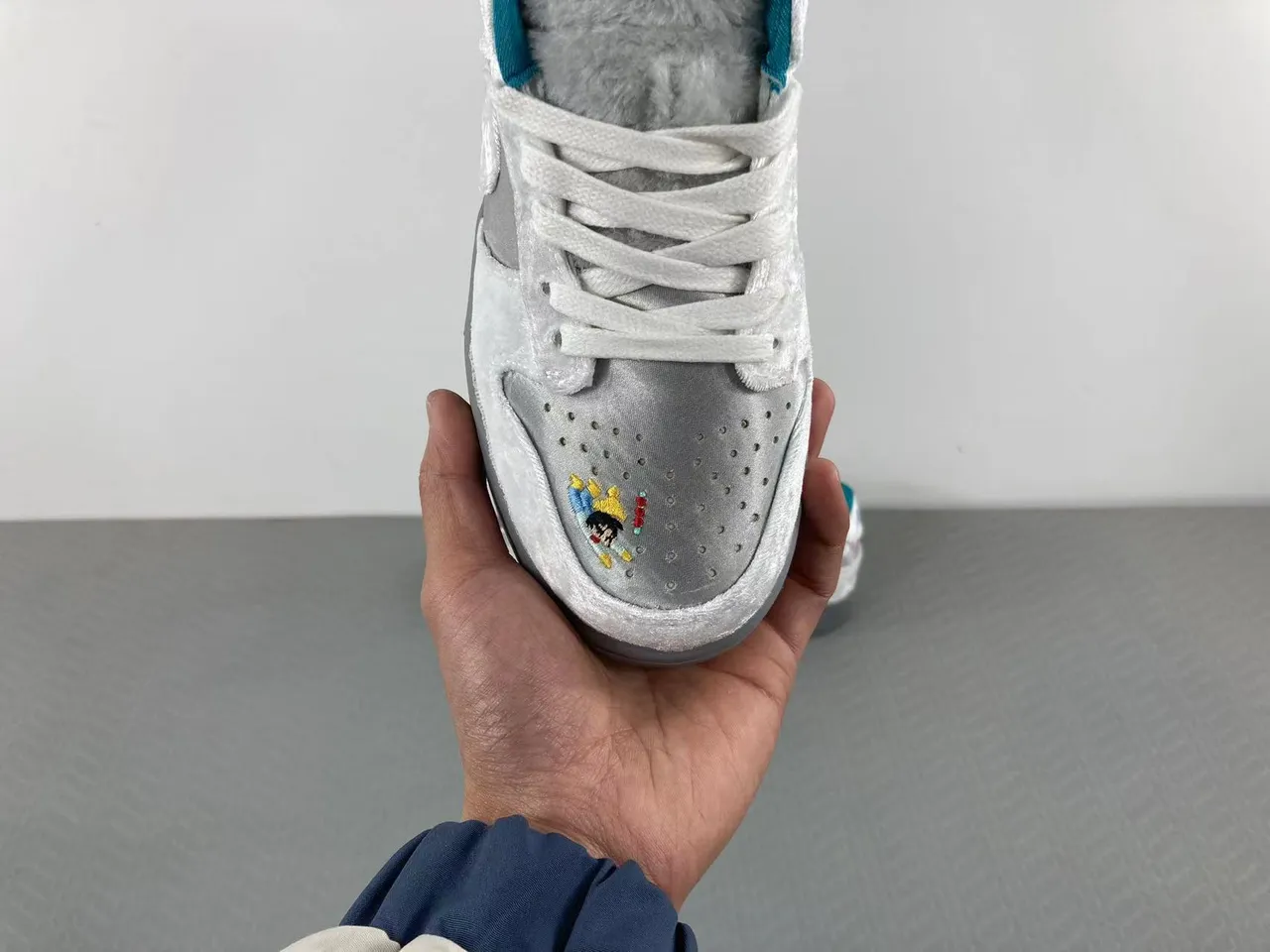 Nike SB Dunk Low Silver Satin Embroidered Character Skateboard Shoes 16