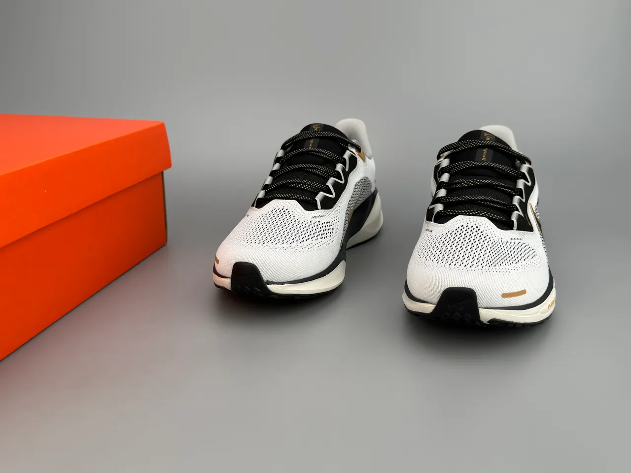 Nike White Black Engineered Knit Upper Metallic Gold Swoosh Running Shoes 3