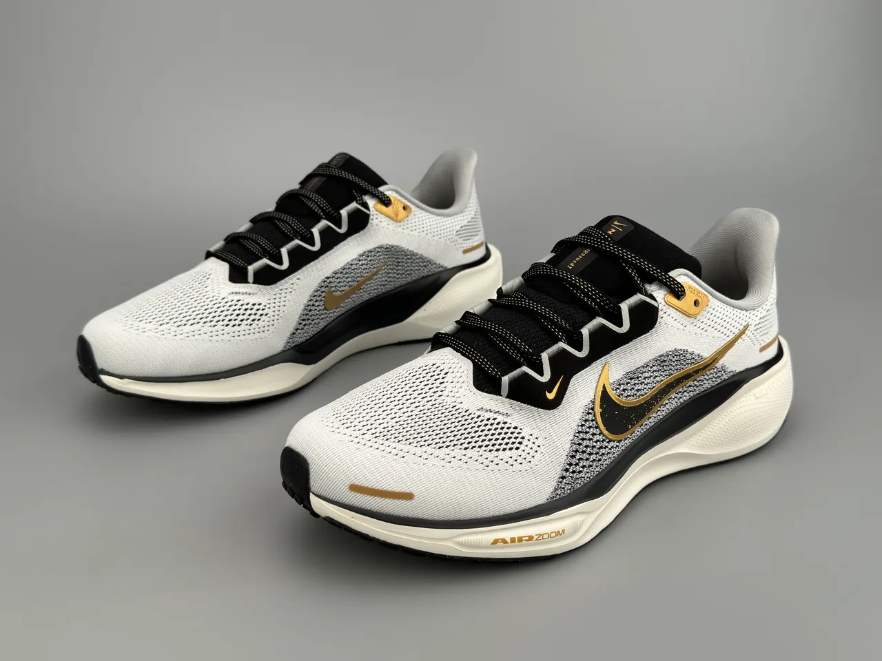 Nike White Black Engineered Knit Upper Metallic Gold Swoosh Running Shoes 5
