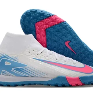 Nike Blanc Bleu Haut Col Synthétique Texturé Supérieur Chaussures de Football Indoor