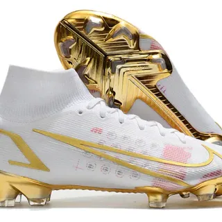 Nike White Gold High-Cut Sock-Fit Upper Metallic Accents Firm-Ground Soccer Shoes