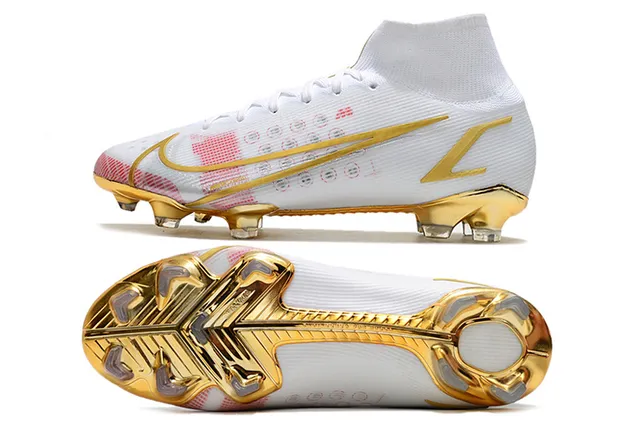 Nike White Gold High-Cut Sock-Fit Upper Metallic Accents Firm-Ground Soccer Shoes 2