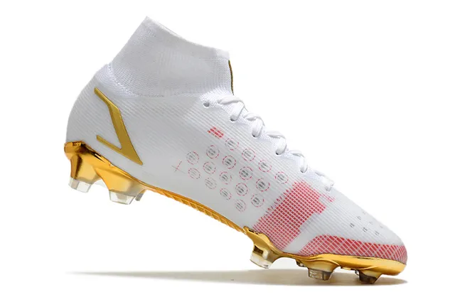 Nike White Gold High-Cut Sock-Fit Upper Metallic Accents Firm-Ground Soccer Shoes 3