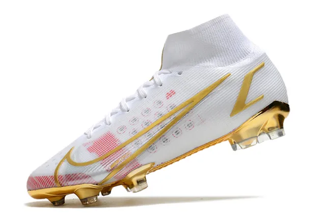 Nike White Gold High-Cut Sock-Fit Upper Metallic Accents Firm-Ground Soccer Shoes 4