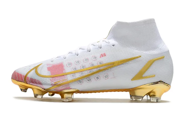 Nike White Gold High-Cut Sock-Fit Upper Metallic Accents Firm-Ground Soccer Shoes 5