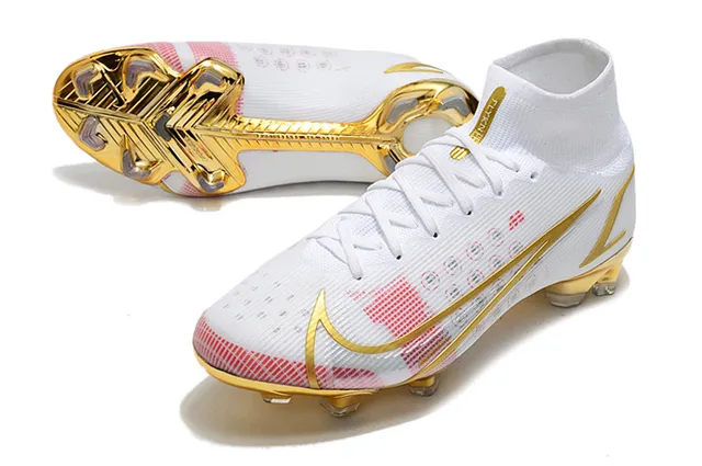 Nike White Gold High-Cut Sock-Fit Upper Metallic Accents Firm-Ground Soccer Shoes 6