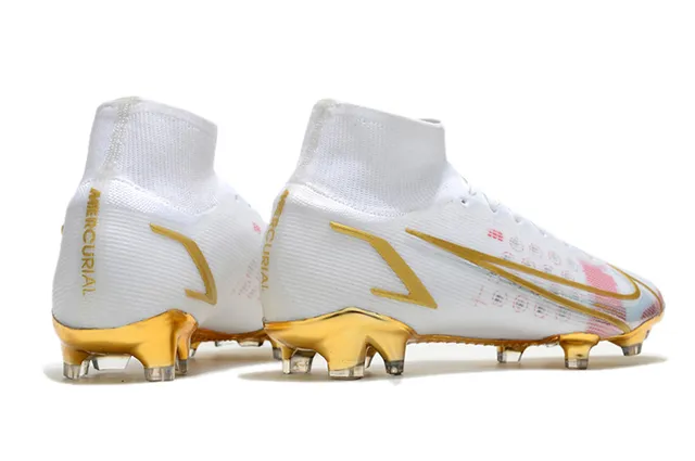 Nike White Gold High-Cut Sock-Fit Upper Metallic Accents Firm-Ground Soccer Shoes 7