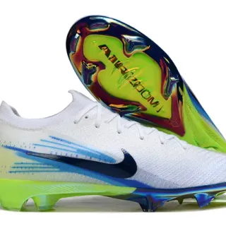 Nike Bottines de Football Blanches Vertes Basses en Tricot Semelle Iridiscente pour Terrain Synthétique