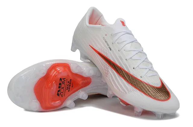 Nike branco e laranja Flyweave upper solado transparente Firm-Ground sapatos de futebol 4