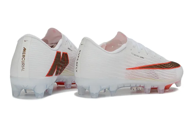 Nike branco e laranja Flyweave upper solado transparente Firm-Ground sapatos de futebol 6