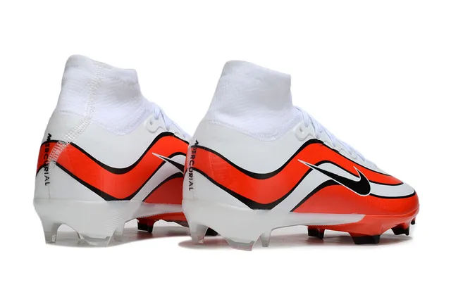 Nike Zapatos de fútbol Blanco Naranja Alto-Corte Cuello de Calcetín Patrón de Onda Recubrimiento Sintético Suelo Firme 6