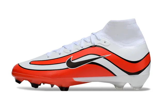 Nike Zapatos de fútbol Blanco Naranja Alto-Corte Cuello de Calcetín Patrón de Onda Recubrimiento Sintético Suelo Firme 7