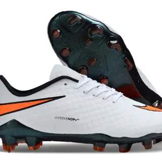 Nike White Orange Low-Cut Sock-Fit Collar Textured Synthetic Upper Firm-Ground Soccer Shoes