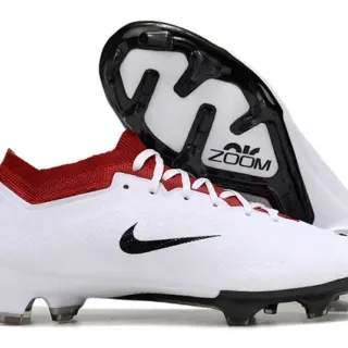 Nike sapatos de futebol branco e vermelho de corte baixo, upper de knit, acento no colarinho, para chão firme