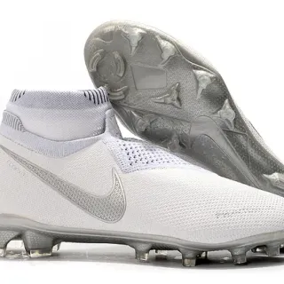Nike White Silver High-Cut Sock-Fit Collar Engineered Knit Upper Firm-Ground Soccer Shoes