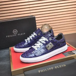 Philipp Plein नीला सफेद मगरमच्छ उभरा चमड़ा ब्रांडेड बुने हुए लेस लाइफस्टाइल स्नीकर