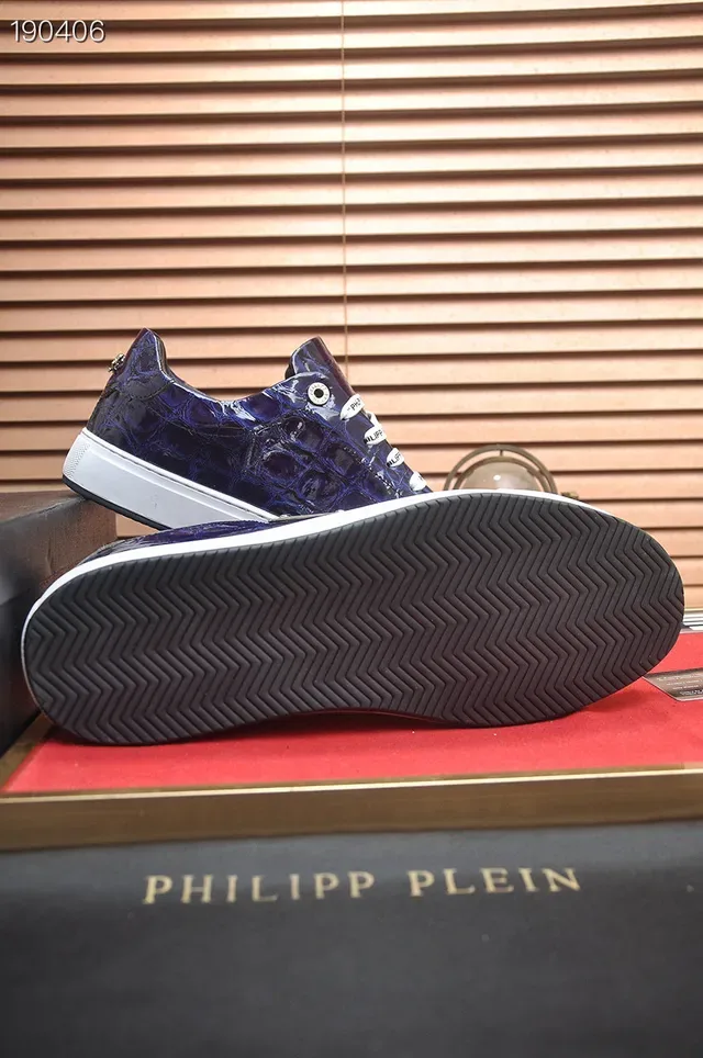 Philipp Plein Sneakers Lifestyle en Cuir Embossé Crocodile Bleu et Blanc avec Lacets Tressés et Branding 2