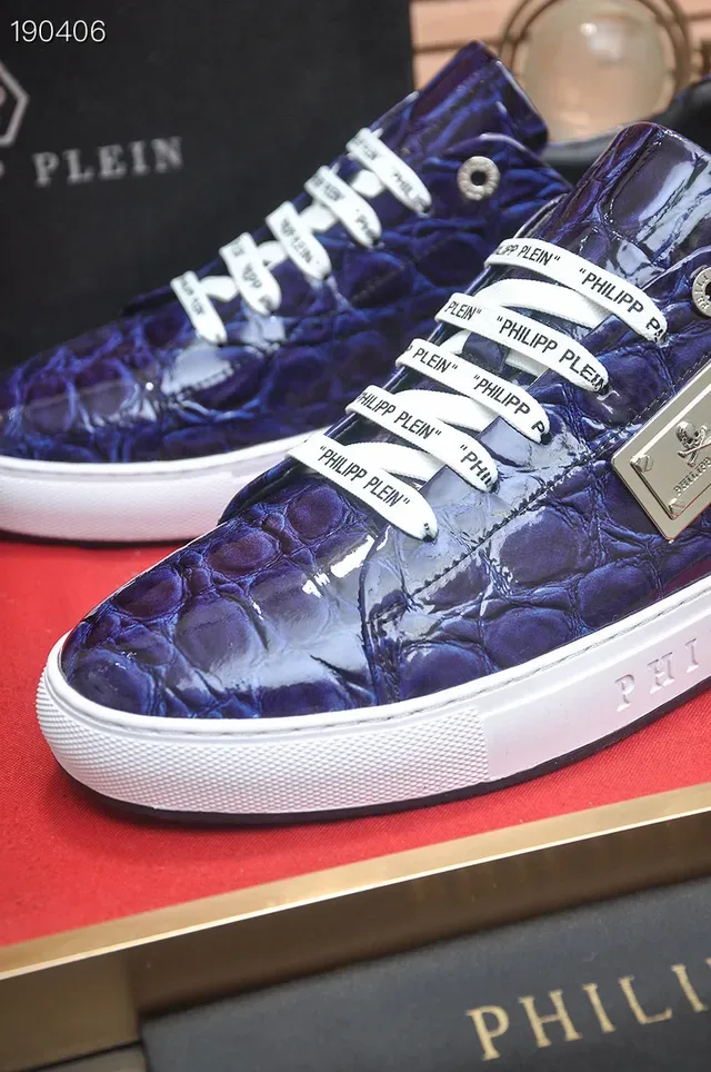Philipp Plein Sneakers Lifestyle en Cuir Embossé Crocodile Bleu et Blanc avec Lacets Tressés et Branding 3