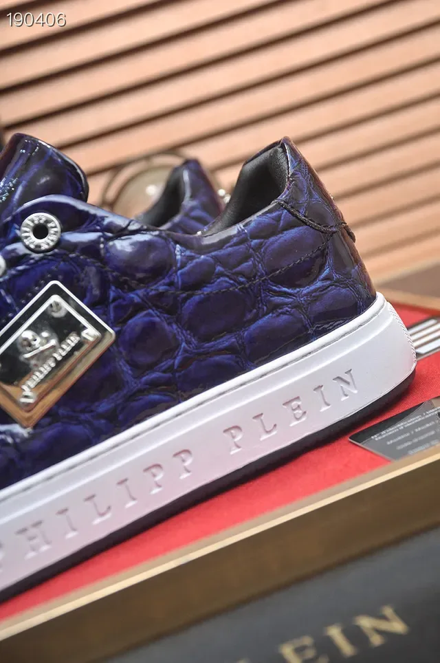 Philipp Plein Sneakers Lifestyle en Cuir Embossé Crocodile Bleu et Blanc avec Lacets Tressés et Branding 4