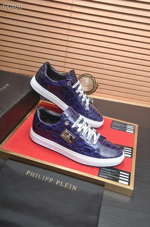 Philipp Plein Sneakers Lifestyle en Cuir Embossé Crocodile Bleu et Blanc avec Lacets Tressés et Branding 6