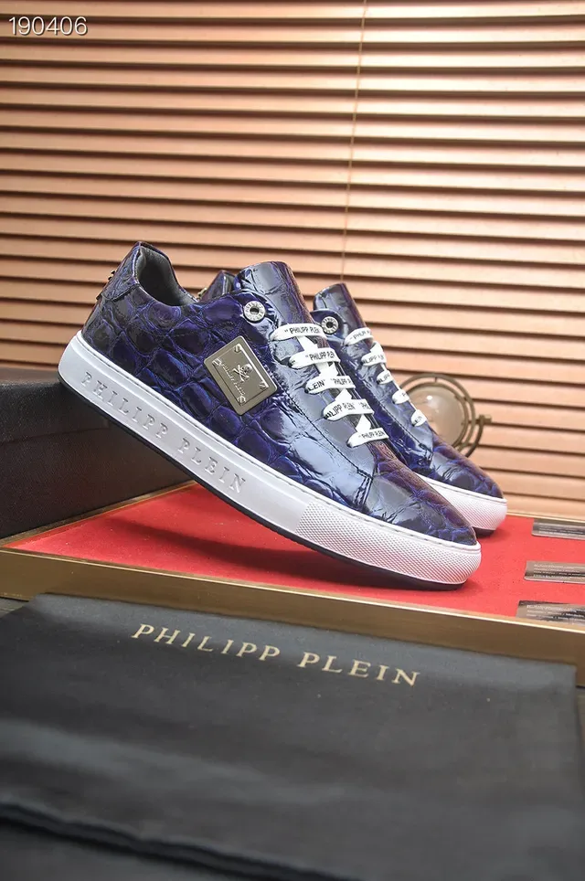 Philipp Plein Sneakers Lifestyle en Cuir Embossé Crocodile Bleu et Blanc avec Lacets Tressés et Branding 8