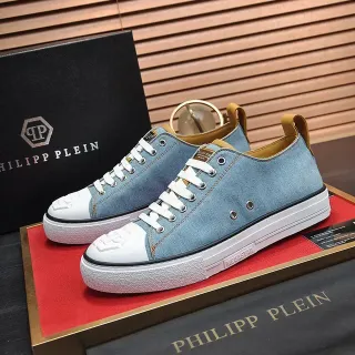 Philipp Plein নীল সাদা ডেনিম উপর রাবার টো ক্যাপ স্নিকার্স