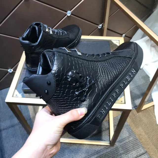 Philipp Plein حذاء रياضي عالي أسود جلد ثعابين نصي حذاء رياضي نمطي 5