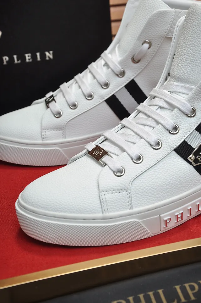 Philipp Plein حذاء رياضي عالي أبيض أسود جلد أسلوب حياة حذاء رياضي 4