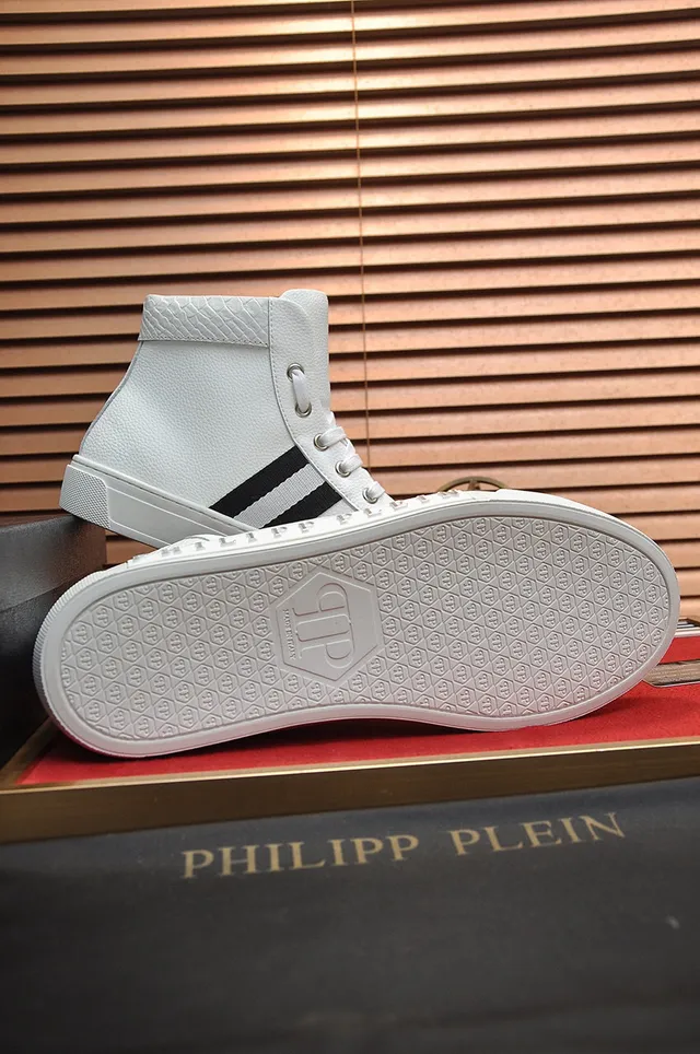 Philipp Plein حذاء رياضي عالي أبيض أسود جلد أسلوب حياة حذاء رياضي 5