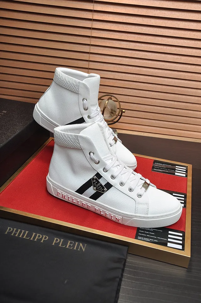 Philipp Plein حذاء رياضي عالي أبيض أسود جلد أسلوب حياة حذاء رياضي 6
