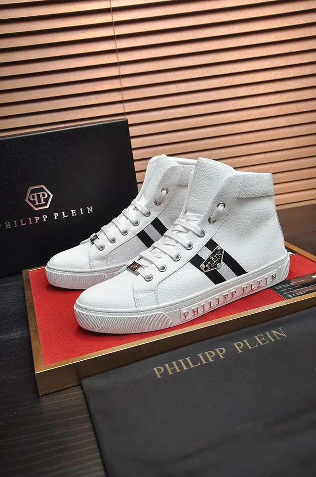 Philipp Plein حذاء رياضي عالي أبيض أسود جلد أسلوب حياة حذاء رياضي 7