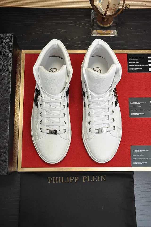 Philipp Plein حذاء رياضي عالي أبيض أسود جلد أسلوب حياة حذاء رياضي 8
