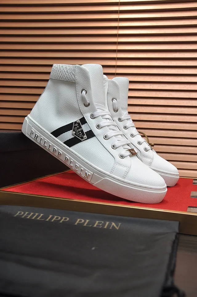 Philipp Plein حذاء رياضي عالي أبيض أسود جلد أسلوب حياة حذاء رياضي 9