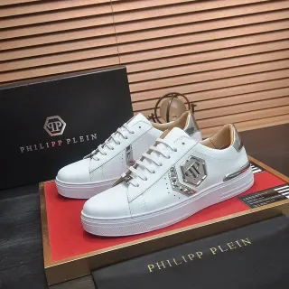 Philipp Plein सफेद चांदी चमड़ा धातु छह भुजा लोगो जीवनशैली स्नीकर्स