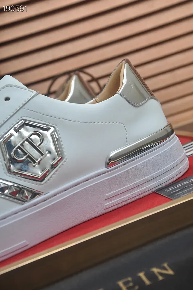 Philipp Plein White Silver Leather Metallic Hexagonal Logo Lifestyle Sneakers 3