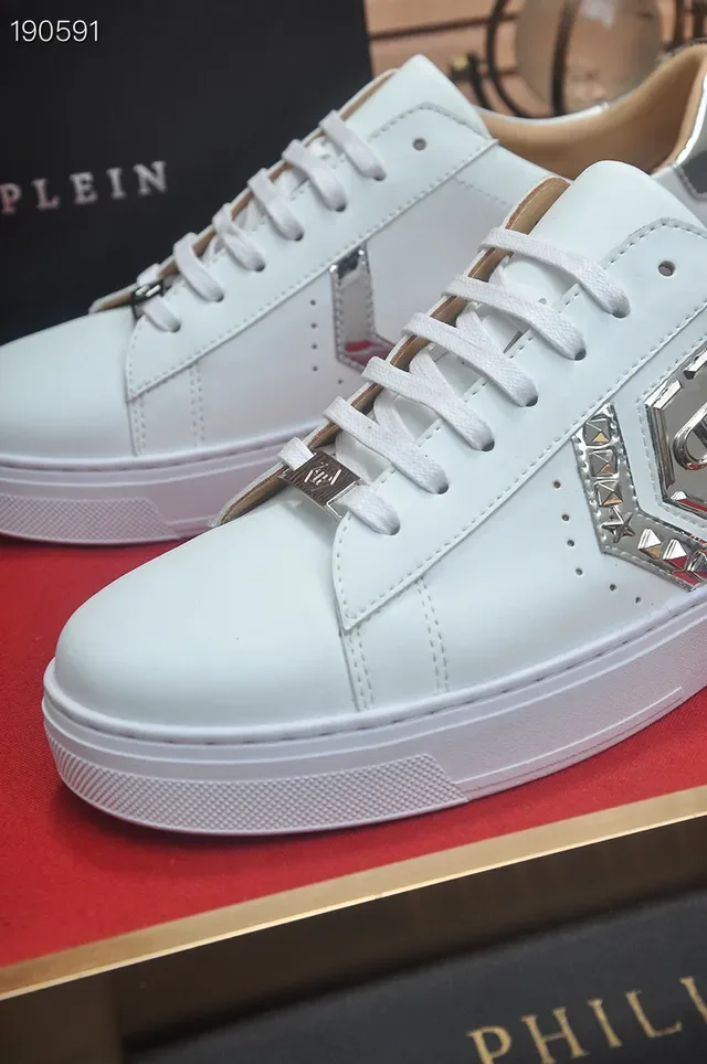 Philipp Plein White Silver Leather Metallic Hexagonal Logo Lifestyle Sneakers 4