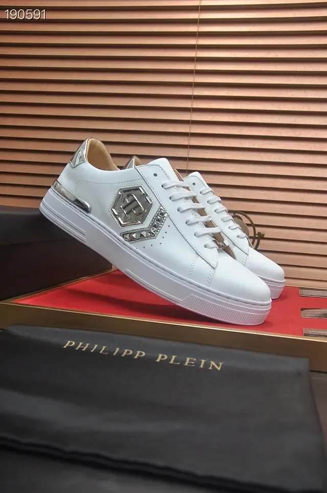 Philipp Plein White Silver Leather Metallic Hexagonal Logo Lifestyle Sneakers 8