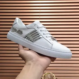Philipp Plein White Silver Leather Upper Metallic Snakeskin Stripes Sneakers