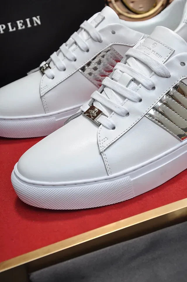 Philipp Plein White Silver Leather Upper Metallic Snakeskin Stripes Sneakers 3