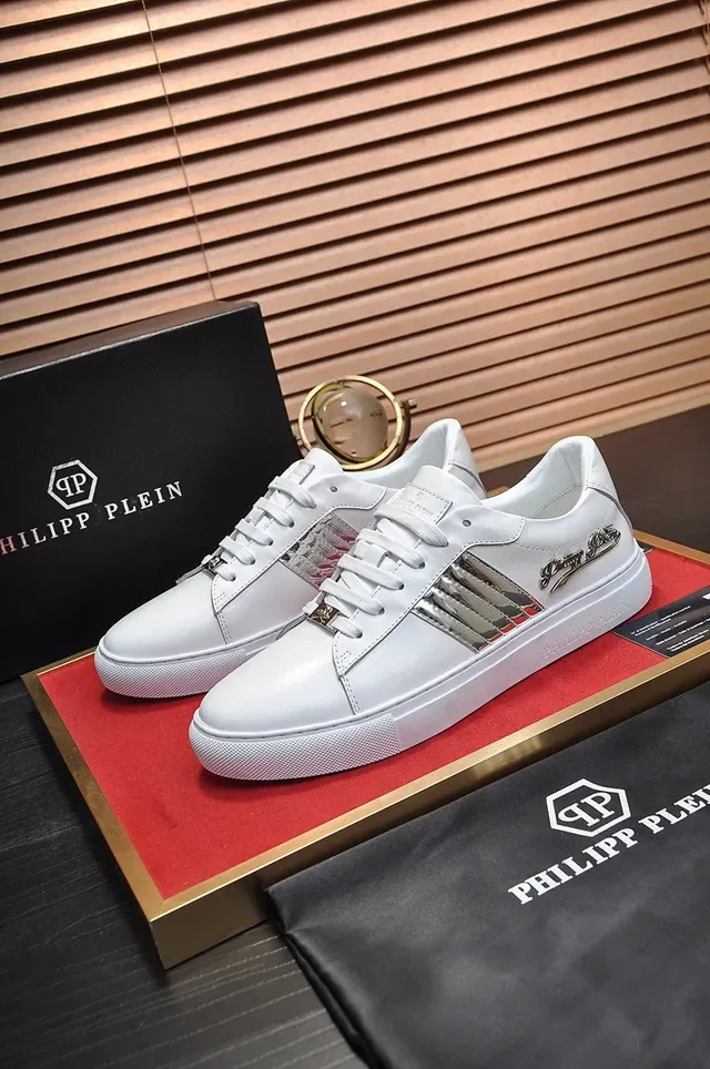 Philipp Plein White Silver Leather Upper Metallic Snakeskin Stripes Sneakers 7